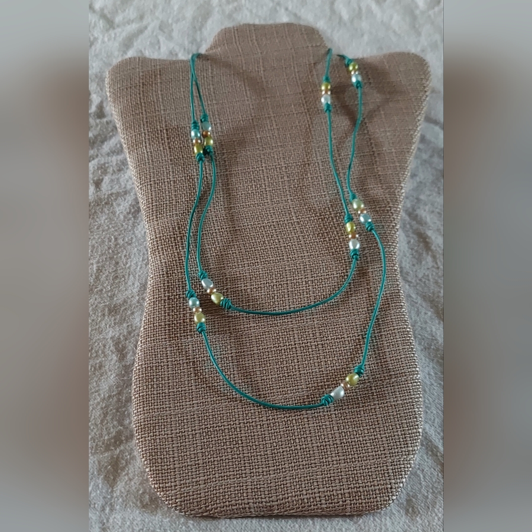 Handmade Lt. Blue, Gold & Bronze Triple Pearl And Green Leather Necklace